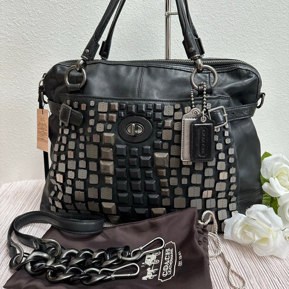 Coach Studded Flagship Leather Ella 16407, Black, Gunmetal Satchel, Retail $889